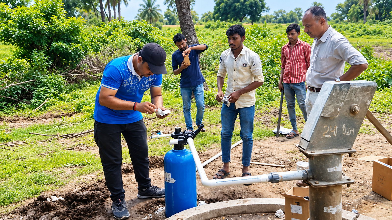GECS team installing a water purification system at a village hand pump